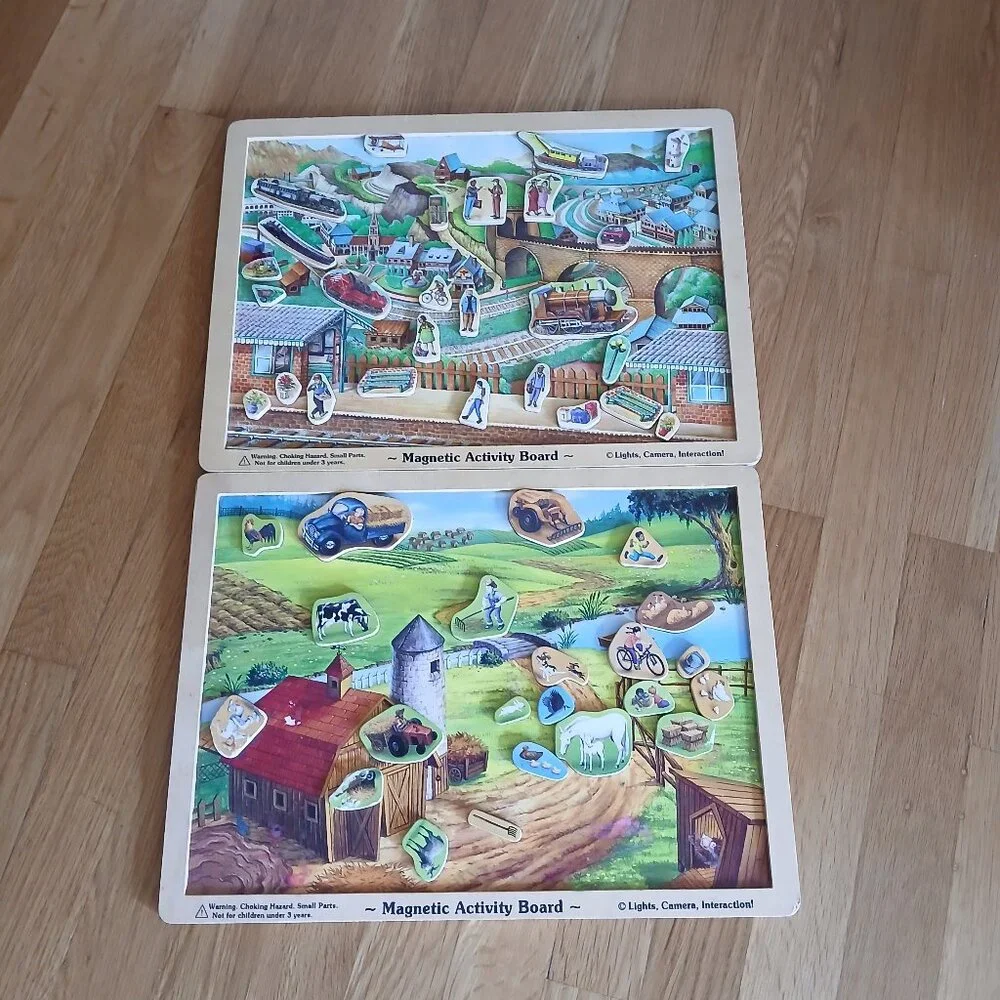 Melissa & Doug Wooden Used Magnetic Activity Board: Farm #13 + Train #92 Used